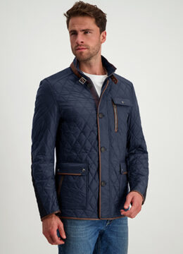 La veste matelassée classique en losanges, look sport chic, simili cuir contrasté, col montant réglable, marine