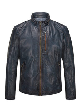Le blouson en cuir lisse, empiècement aux épaules, col montant et fermoirs contrastés, bleu foncé