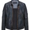 Le blouson en cuir lisse, empiècement aux épaules, col montant et fermoirs contrastés, bleu foncé – Image 2