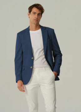 Le veston textile micro pied de poule, super confort, tissus italien audacieux en bleu franc