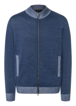 Le cardigan en laine vierge haute qualité, lavable, finition côtelée, bleu océan