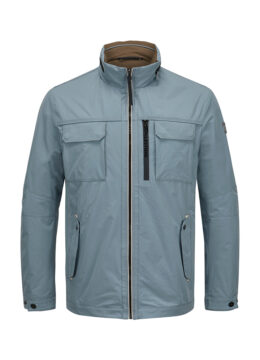 La veste bleue stylée poches poitrine à rabat boutonné, matériau déperlant respirant, capuche