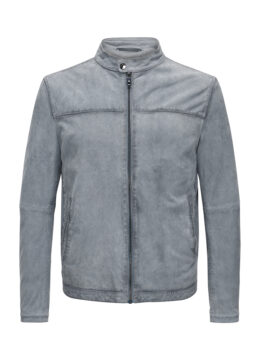 La veste distinctive en daim souple, effet subtil bicolore, ton bleu jeans